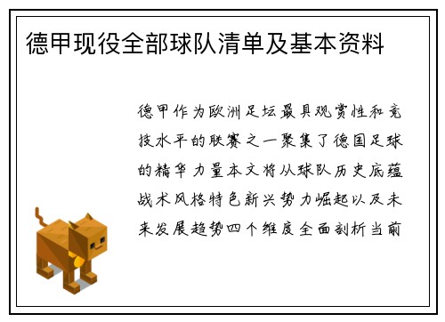 德甲现役全部球队清单及基本资料